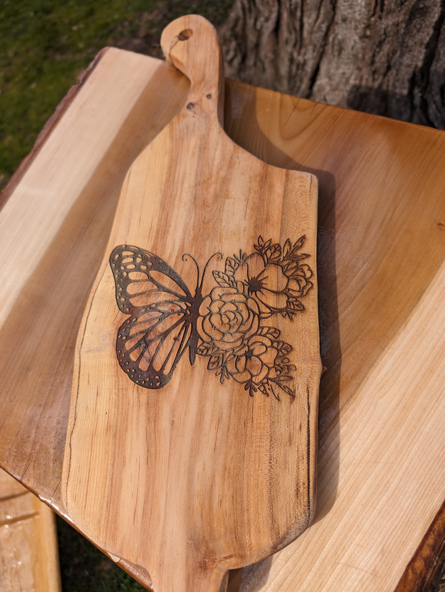 Monarch Butterfly on Roses spalted maple cutting board