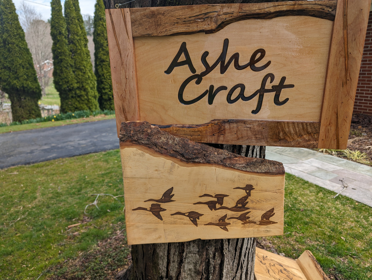 Geese in flight on spalted maple